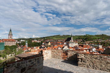 Obraz premium Beautiful old town at Cesky Krumlov, Czech Republic. UNESCO World Heritage Site. Panoramic view on city from hill.