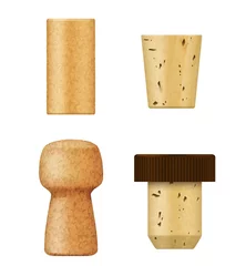 Fotobehang Corks and wine stoppers for bottle, vector realistic 3D objects. Champagne and cognac alcohol drink cork caps or stopper plugs of cork wood natural and synthetic texture © Vector Tradition