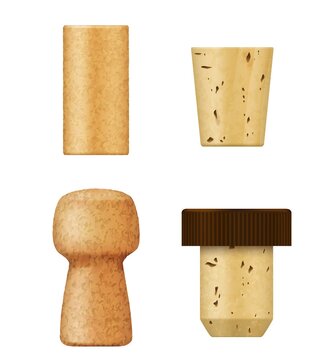 Corks and wine stoppers for bottle, vector realistic 3D objects. Champagne and cognac alcohol drink cork caps or stopper plugs of cork wood natural and synthetic texture