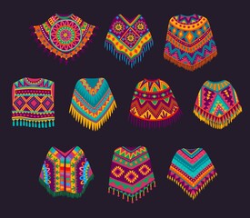 Cartoon Mexican poncho, vector traditional clothes of Mexico, decorated with bright ethnic pattern of colorful stripes, floral ornaments and fringes. Mexican poncho or serape, festive garment design - obrazy, fototapety, plakaty