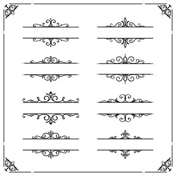 Vintage borders and frames with flourishes vector set. Elegant adornment, monochrome decor for wedding invitation cards or certificates. Embellishment in victorian style isolated on white background