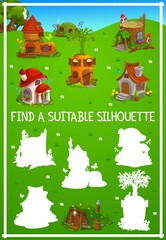 Fairy houses kids game, find correct silhouette vector riddle with cute dwellings. Cartoon homes carrot, boot with tiled roof, stump, mushroom and stone house. Children test with fantasy forest homes