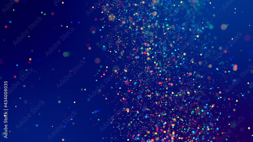 Poster cloud of multicolored particles fly in air slowly or float in liquid like sparkles on dark blue back