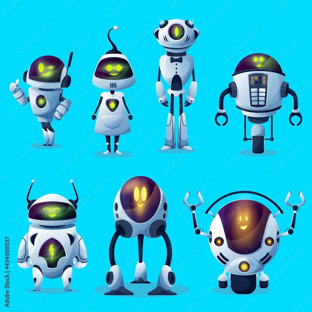 Poster Robots, cartoon toy android bot characters, vector AI cyborg monsters on wheels. Robot cyborg machines with digital artificial intelligence and mechanical arms, computer game robotic creatures