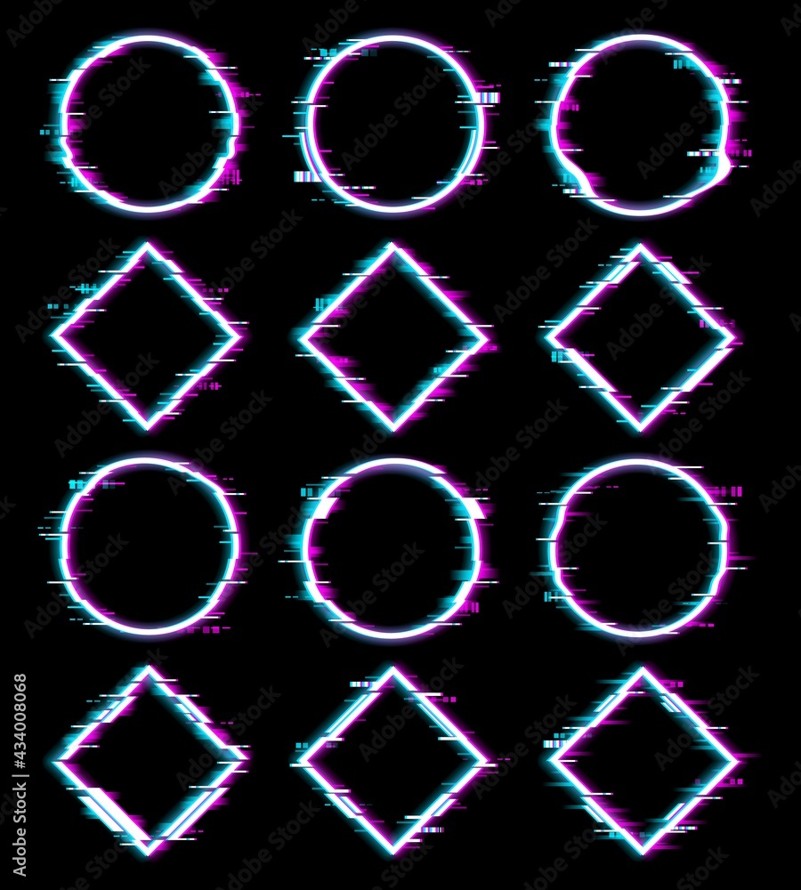 Poster Screen glitch effect on geometric figures. Distorted circle, square or rhombus with screen pixels digital noise. Cyberpunk, 80s retro vector design elements with neon halo or aureola light