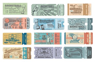 Basketball game tickets, sport tournament, team championship final match entry vector pass on sport arena or stadium. Basketball player throwing ball in hoop, jumping for slam dunk, winners prize cup