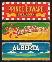 Foto op Plexiglas Prince Edward Island, Saskatchewan and Alberta Canadian provinces and regions. Vector plates with flags of Canada provinces, prairie lily, oak tree leaves, Rocky mountains and white red cross © Vector Tradition