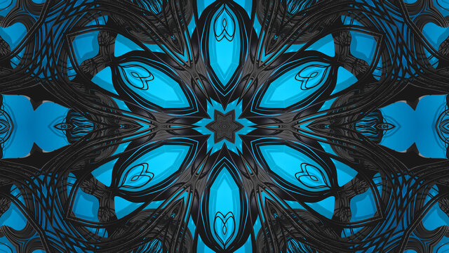 Kaleidoscope with wires. Abstract bg with lines pattern like ornamental flower, star on blue plane. 3d render. Loopes of wires