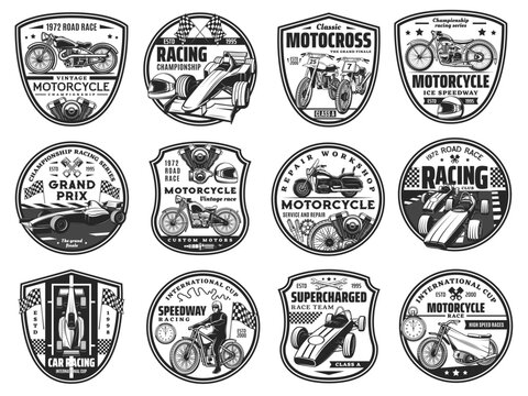 Motorcycle and car road race icons set. Retro chopper and modern motocross bikes, formula one cars and engine pistons, racer on motorbike engraved vector. Racing team, motorcycle repair service emblem