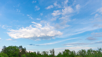 Panoramic view of a blue sky with big cloud on a beautiful spring day