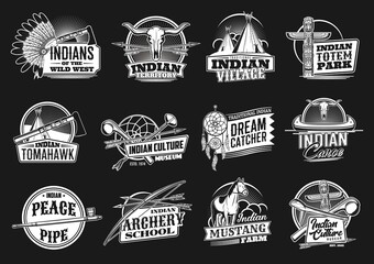 Indian, wild west vector icons indians territory, village or totem park, tomahawk, culture museum and dream catcher with canoe. Peace pipe, archer school, mustang farm isolated monochrome emblems set