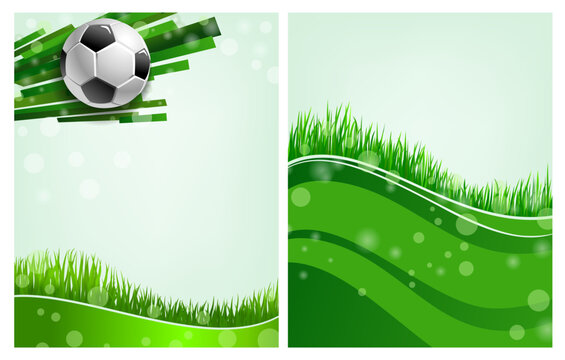 Fototapeta Sport poster with football ball and green grass, soccer field. Vector cards for championship, tournament game invitation. Sports league team or fan club event announcement empty template with 3d ball
