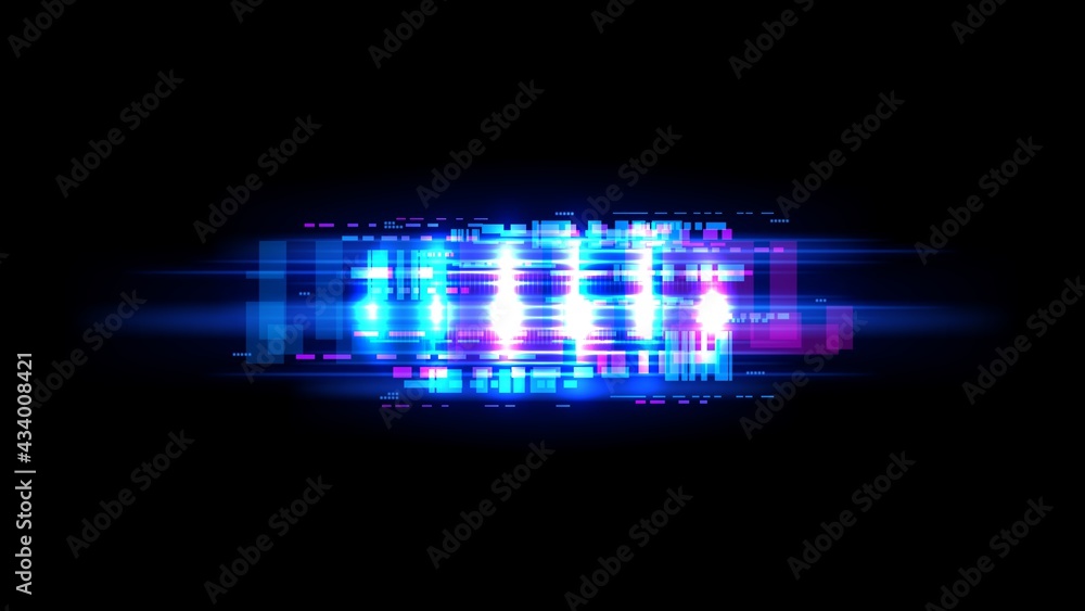 Poster Screen glitch effect, broken computer monitor or TV signal loss vector background. Bright white gaps, square blue pixels on display. Program fail, information transfer problem and connection error