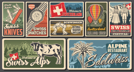 Switzerland travel and Swiss landmarks posters, retro vector. Switzerland flag, watches and knives, Swiss national culture costumes, schwingen wrestling sport, alp cows and alpine restaurant edelweiss