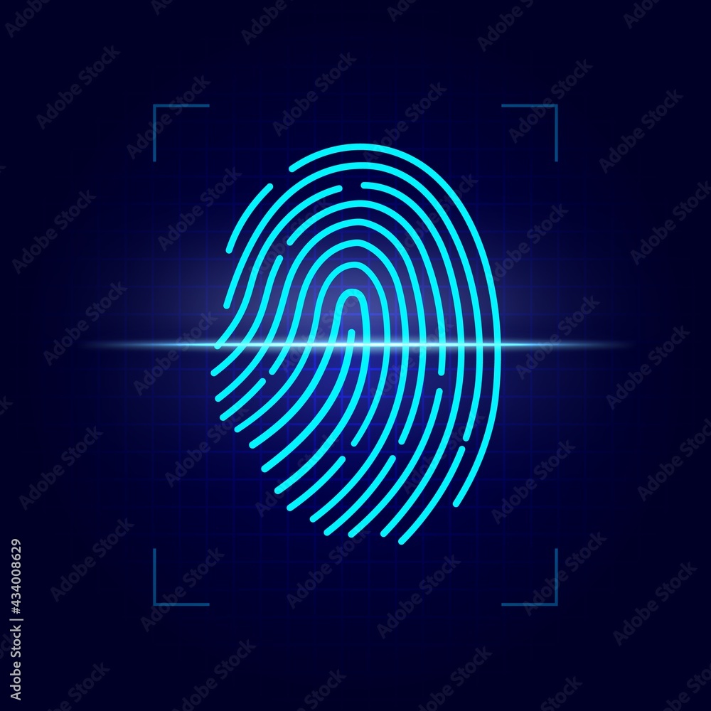 Leinwandbilder Fingerprint scan of biometric identification vector design. 3d finger print of digital laser scanner, personal identity verification, data access security or crime investigation technology