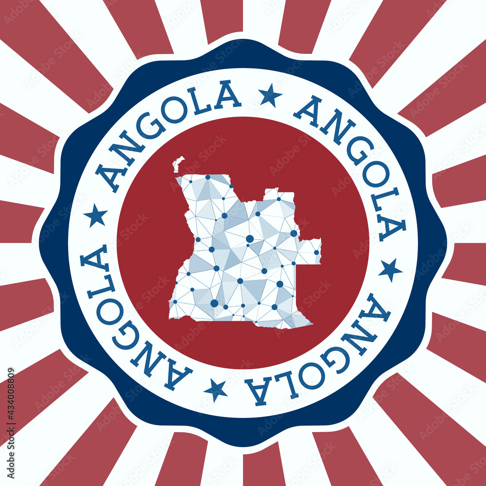 Poster angola badge. round logo of the country with a triangular mesh map and radial rays. eps10 vector.