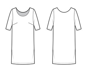 Dress shift chemise technical fashion illustration with medium sleeves, oversized body, knee length pencil skirt. Flat apparel front, back, white color style. Women, men unisex CAD mockup