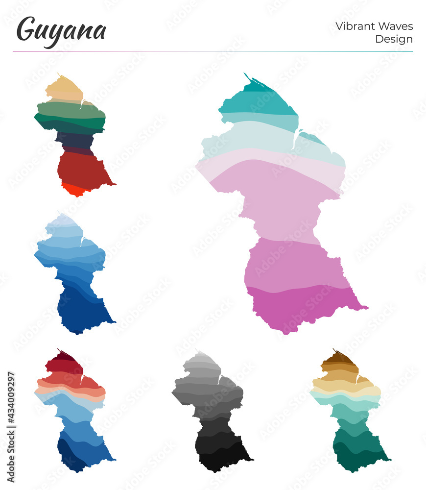 Aufkleber set of vector maps of guyana. vibrant waves design. bright map of country in geometric smooth curves