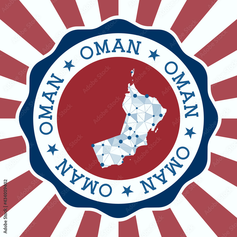 Poster oman badge. round logo of the country with a triangular mesh map and radial rays. eps10 vector.