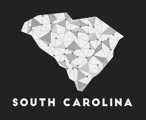 Naklejka premium South Carolina - communication network map of us state. South Carolina trendy geometric design on dark background. Technology, internet, network, telecommunication concept. Vector illustration.