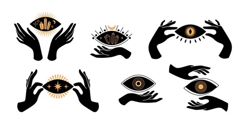 Boho black hands silhouettes esoteric icons with spiritual symbols  crescent moon,  star, eye, sun. Black female mystical concept. Vector flat illustration. Design for t-shirt prints, posters, tattoo