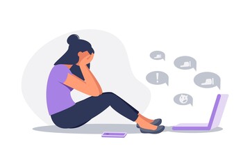 Sad woman sitting and crying with phone in front of laptop screen  surrounded by message bubbles. Cyber bullying in social networks and online abuse concept. Vector flat cartoon illustration
