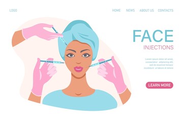 Doctor in medical gloves with syringe injects fillers. Anti wrinkle surgery. Beauty young woman injection. Facial wrinkle treatment concept. Vector flat illustration. Design for banner, landing page