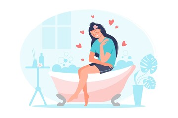 Love yourself concept. Female character spend time in the bathroom and relaxing. Smiling woman hug herself with hearts, plant, foam, bath, table. Design for banner, flyer, card