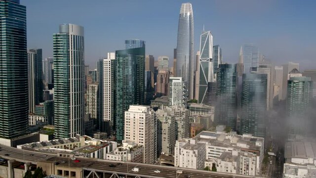 Aerial drone footage of South Beach, the Financial District and the west end of the Bay Bridge in San Francisco California
