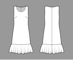 Dress dropped waist technical fashion illustration with sleeveless, oversized body, knee length skirt, round neck. Flat apparel front, back, white color style. Women, men unisex CAD mockup