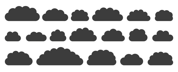 Black flat vector cloud set. Clouds cartoon symbols on white background for web site design, logo, app. Bubble icon collection for infographic design. Label and stickers
