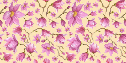 Watercolor Seamless pattern Flower pink Magnolia on a beige Background. Flowers with packaging and web