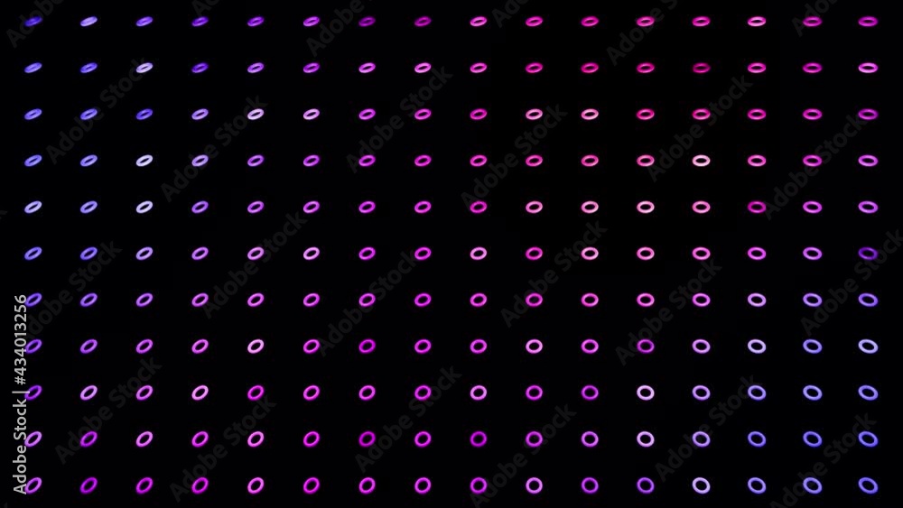 Poster abstract festive background with rows of toruses or rings on plane flashing neon blue red light rand