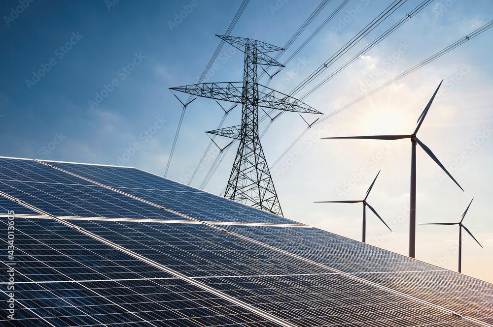 Wall mural electricity power in nature. clean energy concept. solar panel with turbine and tower hight voltage