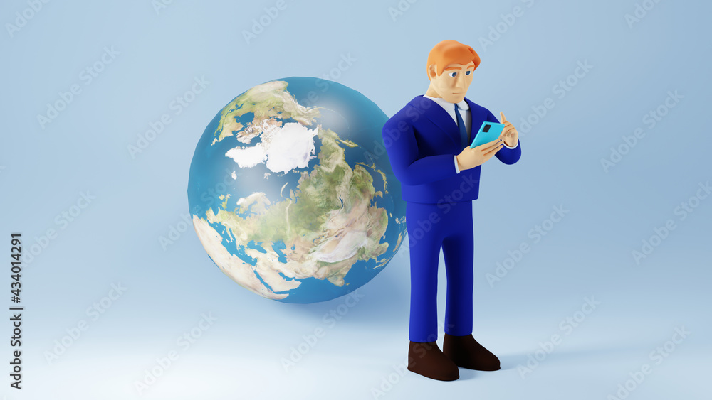 Aufkleber 3d render of businessman and world. business online mobile and e-commerce on web shopping concept. s