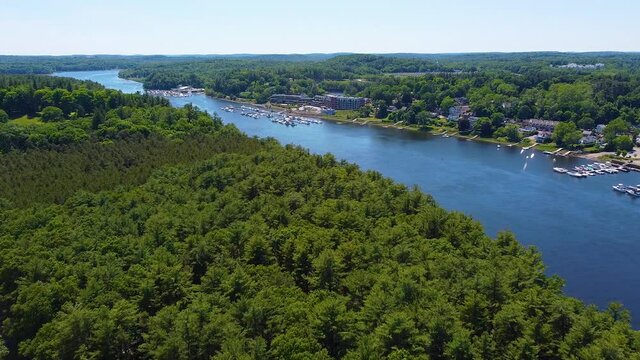 Merrimack River aerial view in summer between city of Amesbury and Newburyport near river mouth to Atlantic, Massachusetts MA, USA. 