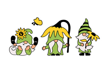 Three gnomes with sunflower are on white background. Vector illustration.