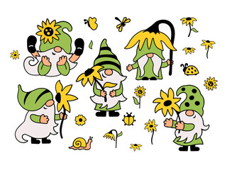 Summer gnomes with sunflower are on white background. Vector illustration set.