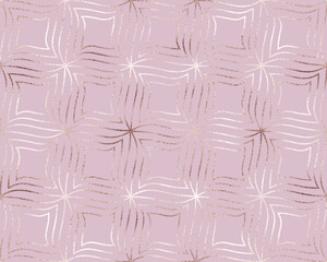 Geometric seamless pattern with rose gold swirl squares grid.