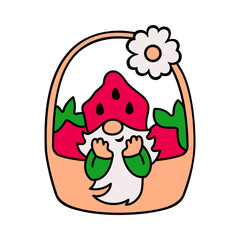 Adorable gnome in the basket with strawberry on white background. Vector illustration.