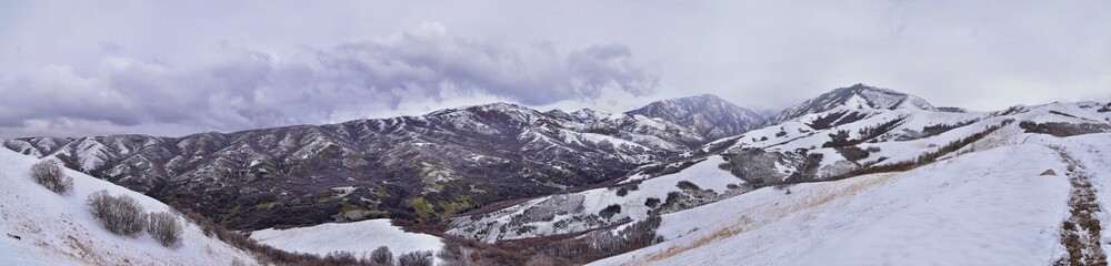 Little Black Mountain Peak hiking trail snow views winter via Bonneville Shoreline Trail, Wasatch Front Rocky Mountains, by Salt Lake City, Utah. United States.