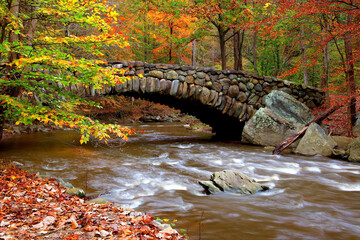 Stone bridge over creek in fall - obrazy, fototapety, plakaty