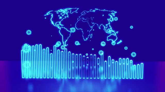 Abstract blue holographic infographic with world map, abstract graphs of, columns or bars around which coronaviruses like covid-19 fly. Numbers over columns, beautiful flowing animation