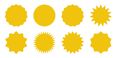 Yellow shopping labels collection. Sale or discount sticker. Special offer price tag. Supermarket promotional badge. Vector sunburst icon.