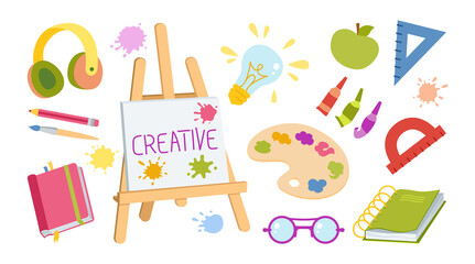 Artists painting supplies hand drawn cartoon set. Watercolor palettes, brushes, wooden palette and easel, tubes with acrylic paint. Headphones, school ruler, apple, glasses and paint palette vector