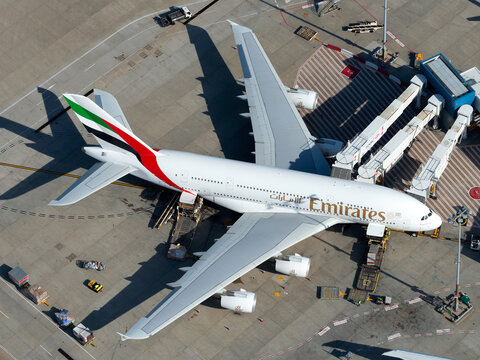 Emirates Airline Airbus A380 parked at airport terminal after arrival from Dubai, United Arab Emirates. Airplane registered as A6-EEQ.