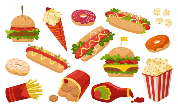 Fast food cartoon set. Donut hot dog, hamburger, potato, nuggets ketchup and popcorn collection. Menu card delicious fast food icons. Cheeseburger, beverage tasty unhealthy lunch. Hand drawn vector
