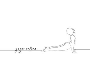 Yoga online lettering. Web banner with woman illustration. Simple yoga background.One continuous line drawing