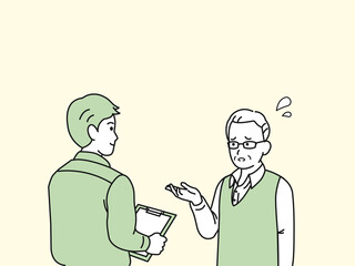 業者に相談する年配の男性　出張相談　困る　悩み　イラスト素材