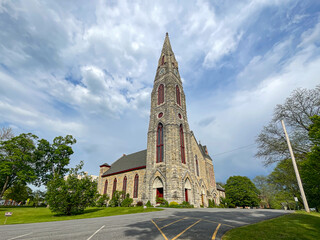 Goshen, NY - USA - May 16, 2021: Landscape view of the First Presbyterian Church. Erected in 1871,...